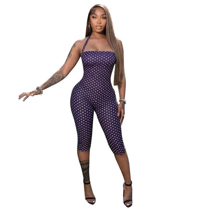 Polka Dot Halter Backless Bodycon Romper for Women