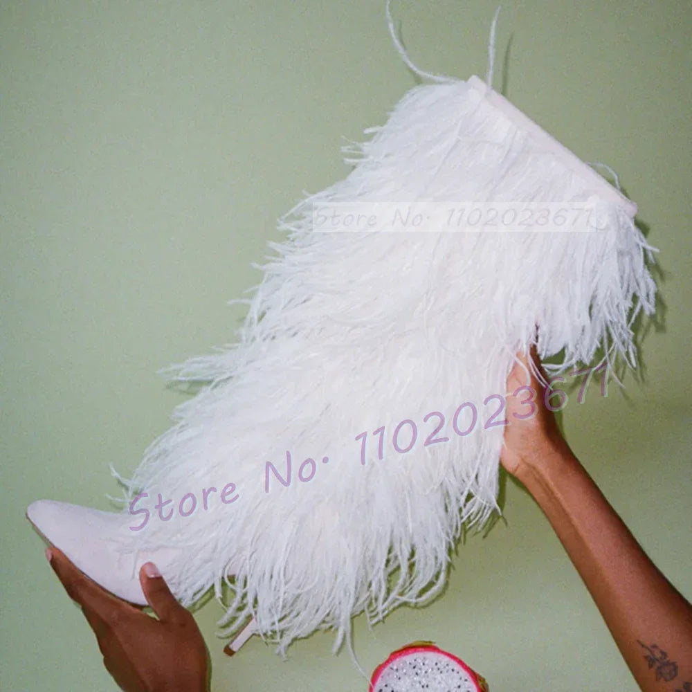 White Feather Pointed Toe Suede Side Zip Boots for Women