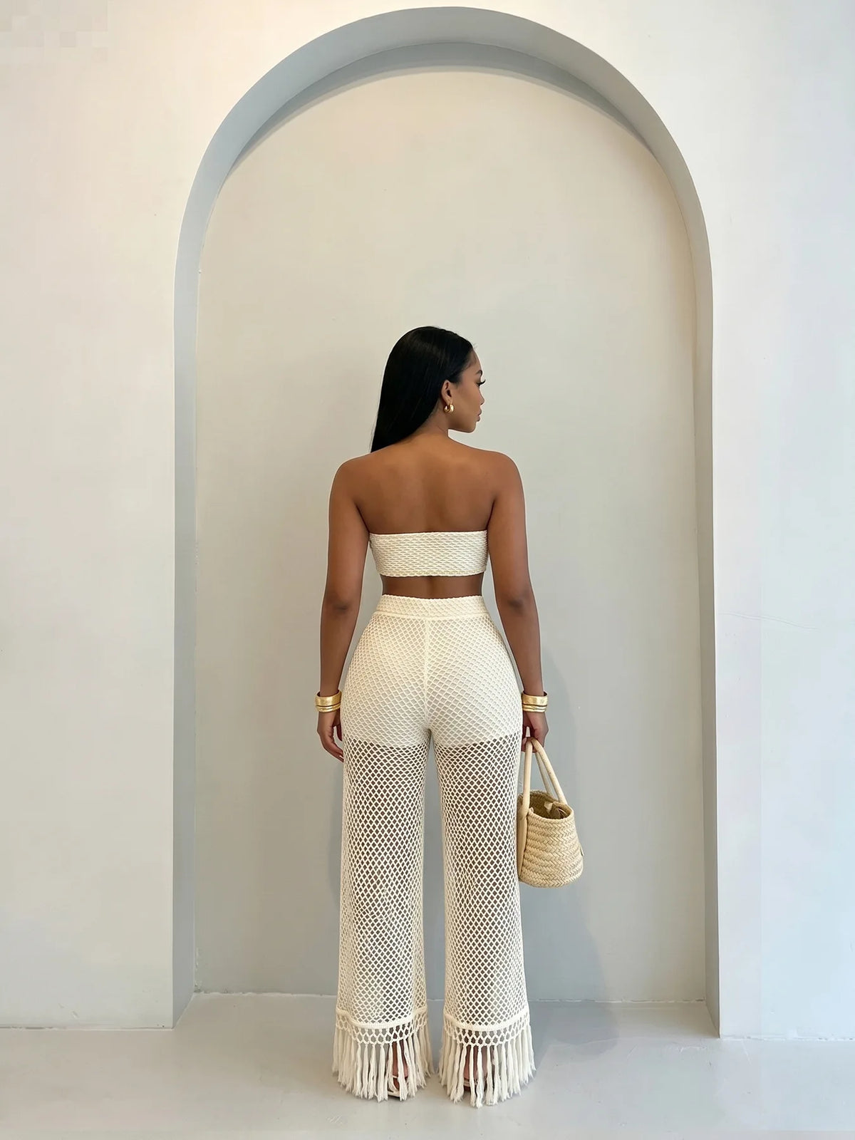 Crochet Bandeau Top and Tassel Wide Leg Pants Set for Women