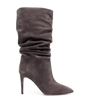 Slip On Pleated Suede Pointed Toe Thin Heel Mid Calf Boots for Women