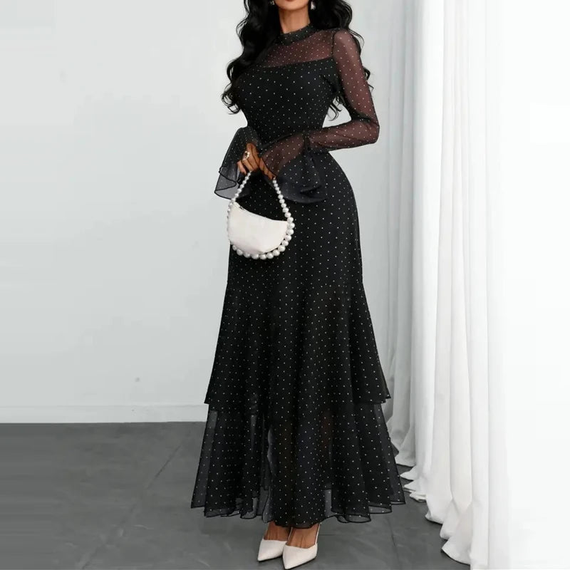 Pleated Polka Dot Ruffle Sleeve Maxi Dress for Women