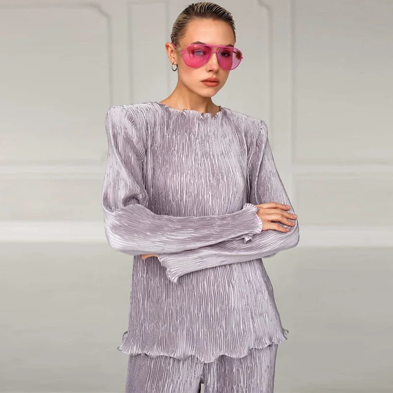 Elegant Velvet Top and Pleated Pants Set for Women