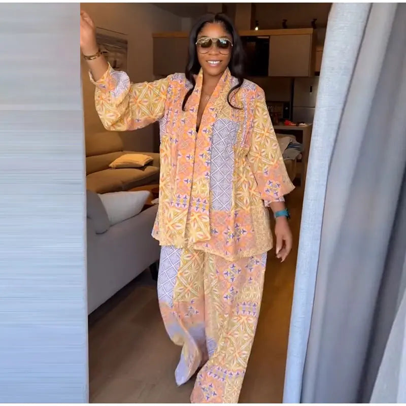 Casual Print Long Sleeve V-Neck Top Wide-Leg Trousers Two-Piece Set for Women
