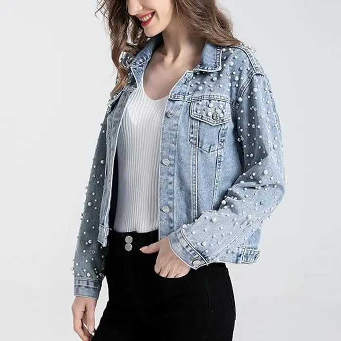 Pearl Beaded Lapel Long Sleeve Denim Jacket for Women