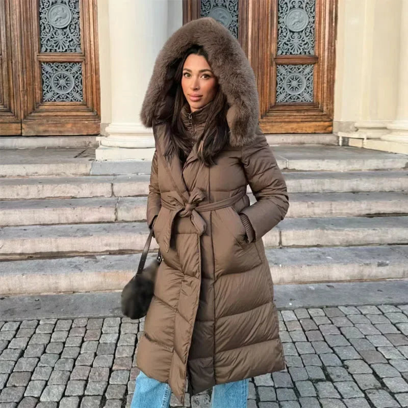 Casual Hooded With Zipper And Lace Up Front And Faux Fur Collar Coat for Women