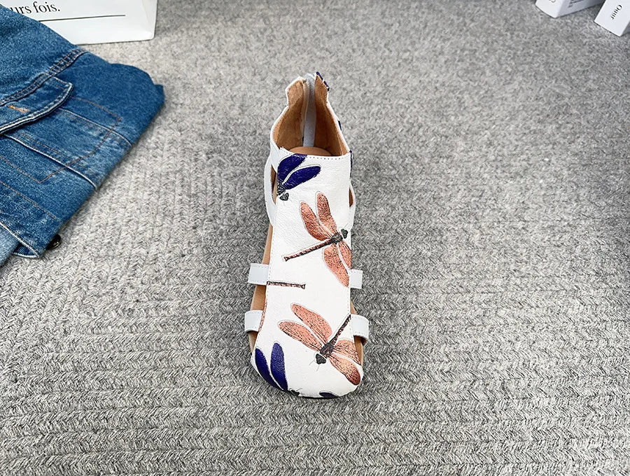 Flat Printed Genuine Leather Roman Sandals for Women