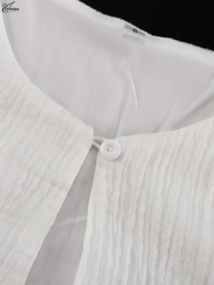 Oymimi Elegant Beige Cotton Womens Dresses Fashion V-Neck Long Sleeve Lace-Up Dresses Casual Loose Pleated Mini Dress Streetwear