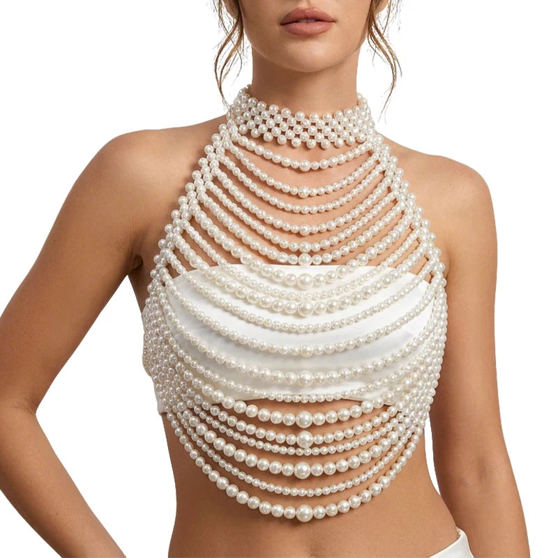 Multilayer White Pearl Bridal Halter Body Chain Jewelry For Women