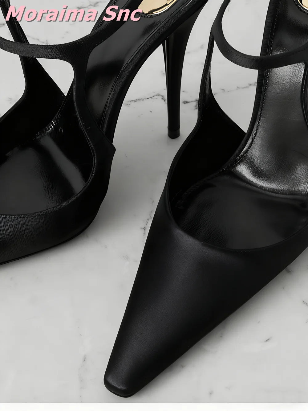 Black Satin Pointed Toe Ankle Strap Stiletto Sandals For Women