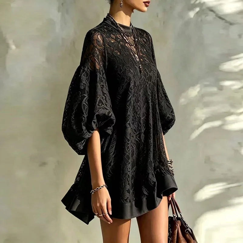 Floral Lace Puff Sleeve Boho Ruffle Mini Dress for Women