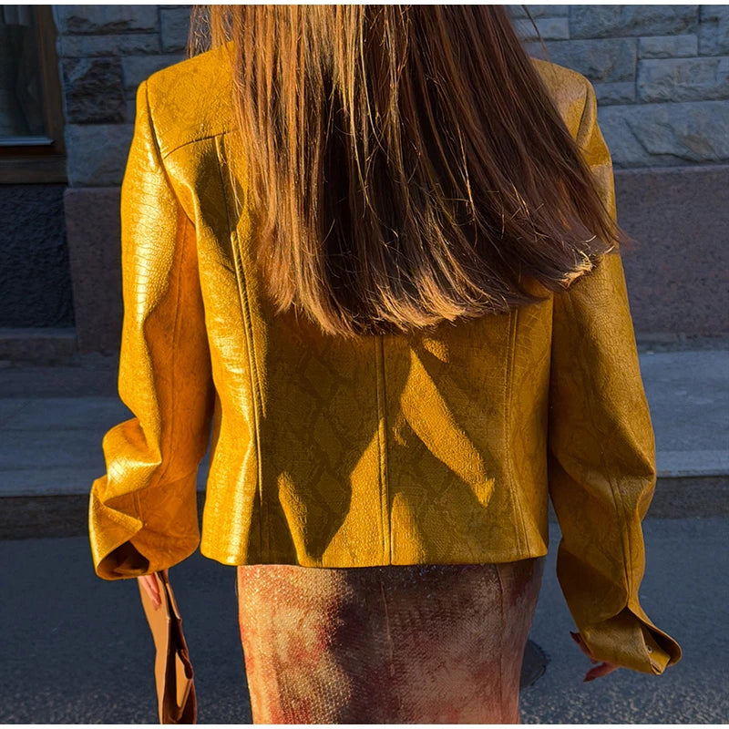 Retro Snake Print Faux Leather Cropped Jacket for Women