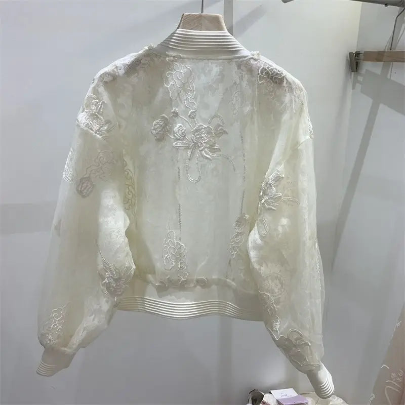 Bead Embroidered Round Neck Baseball Jacket For Women