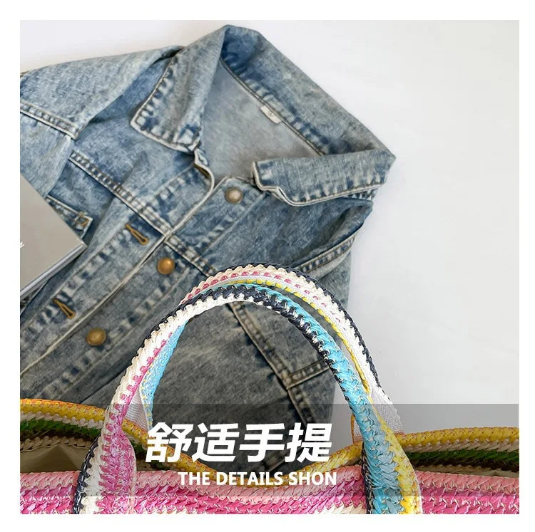 New straw woven bag, large capacity tote bag, crossbody striped letter contrasting beach bag