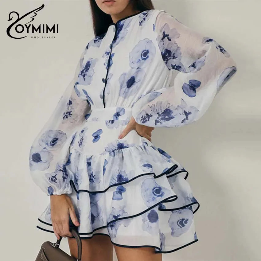 Oymimi Elegant Blue Print Women's Dress Fashion O-Neck Long Sleeve Patchwork Button Dresses Casual High Waist Ruffled Skirts Set