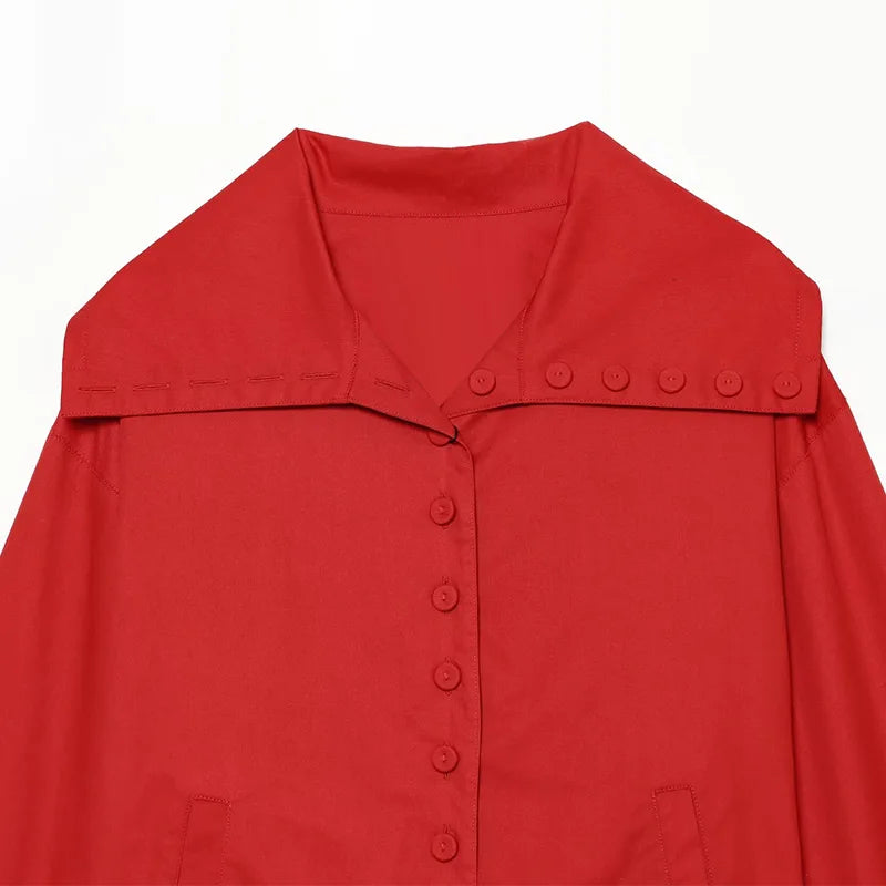 Casual Red Jacket With Turn-Down Collar and Long Sleeves for Women