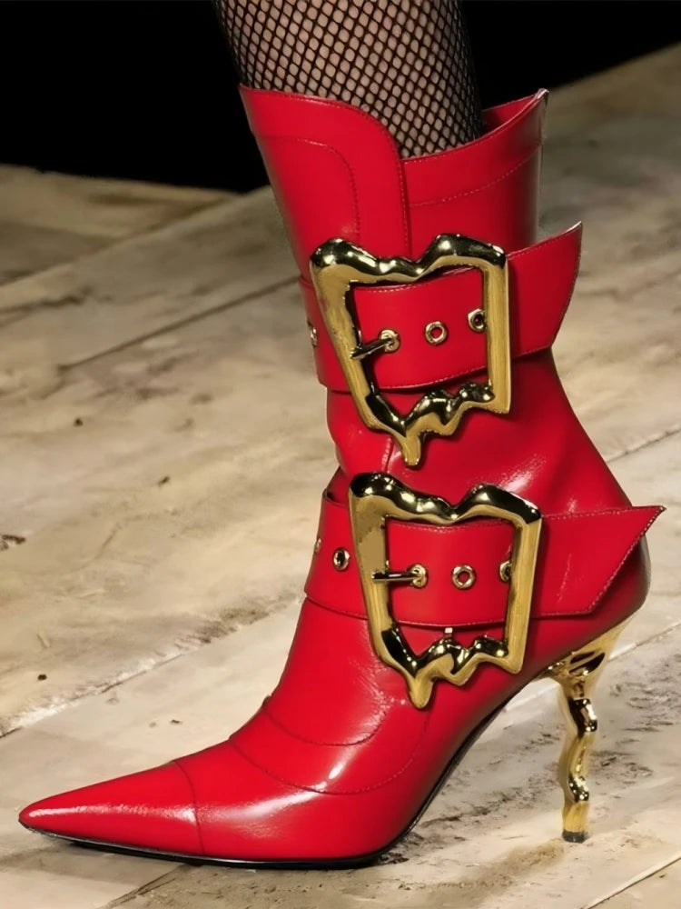 Shiny Metal Belt Buckle Side Zip Knee-High Boots for Women