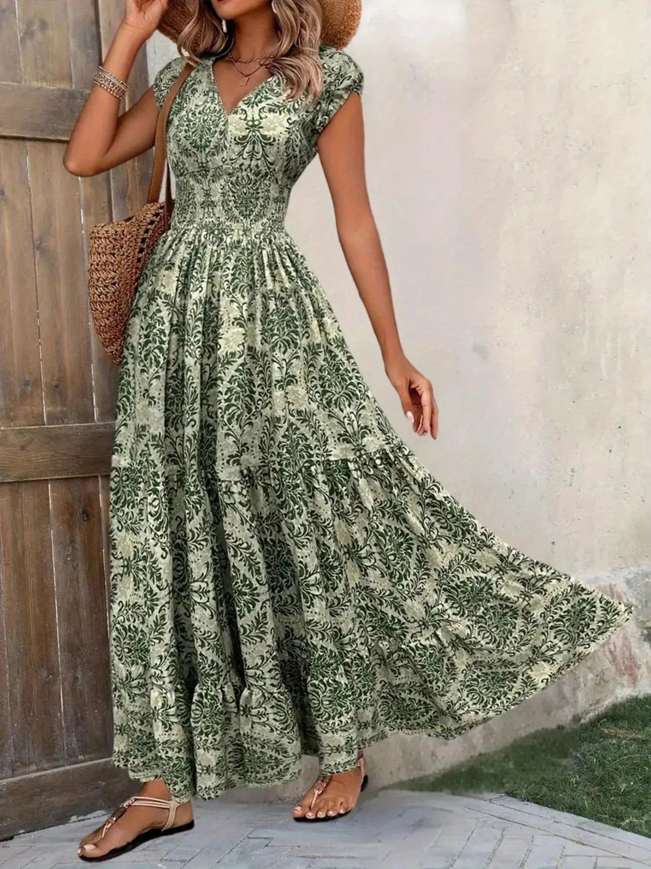 Bohemian Floral Printed V Neck Midi Dress For Women