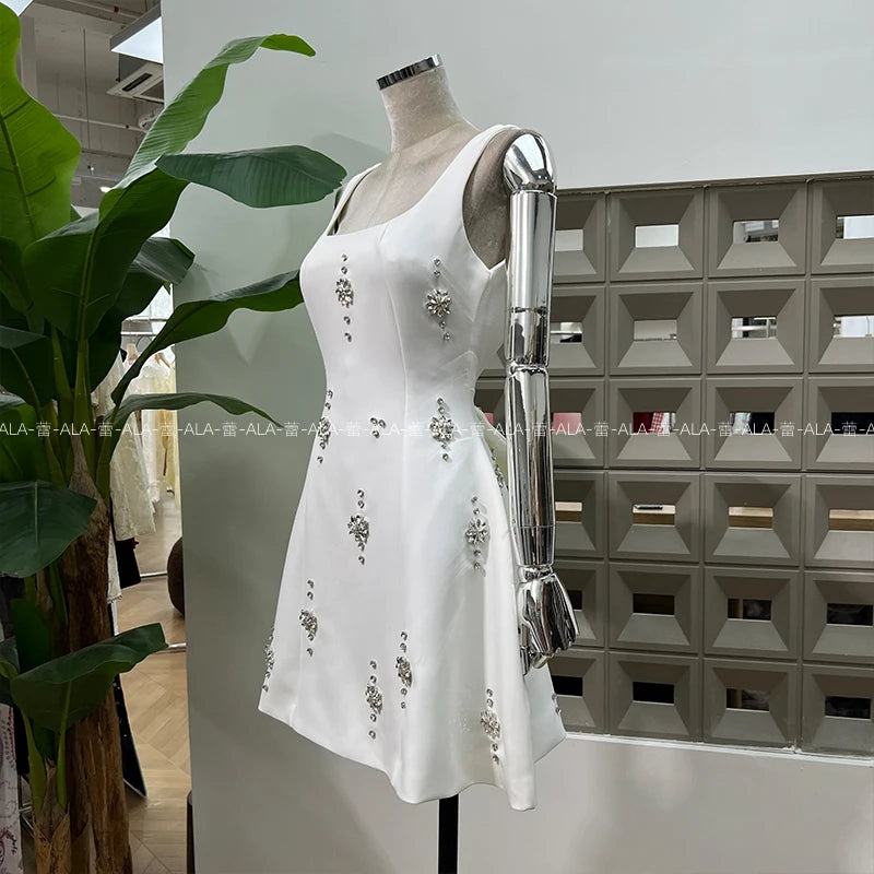 High-end Light Luxury Party Dress 2025 Summer Clothes New Heavy Industry Diamond Square Collar Waist Halter Bow Short Dress