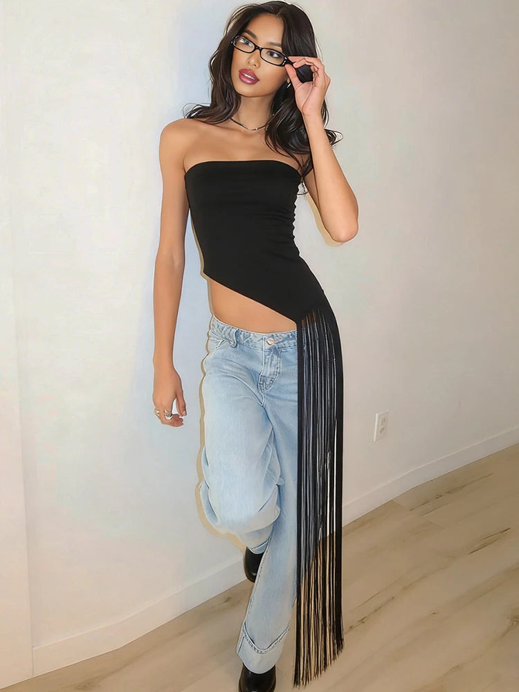 Strapless Backless Tassel Wrap Summer Top for Women