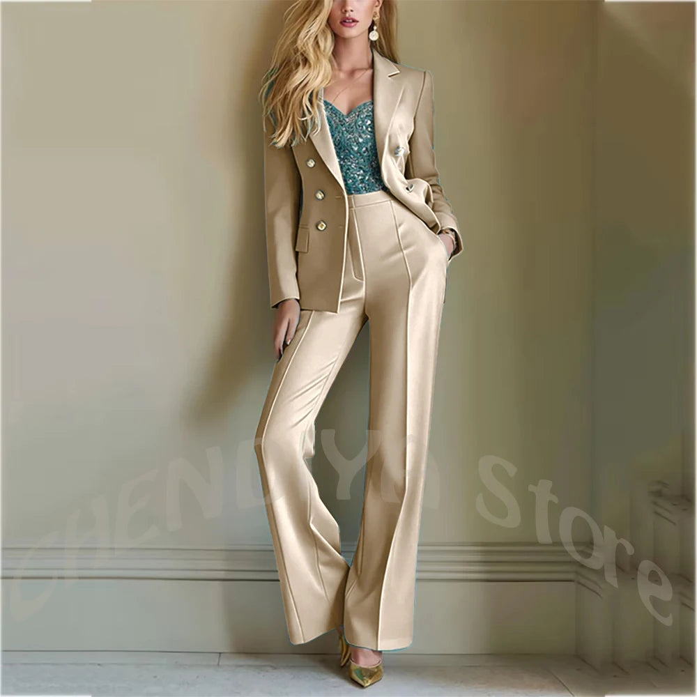 Solid Color Suit For Women High Quality Double Breasted Two Piece Notch Lapel Slim Fit Elegant Fashion Female Outfit Jacket Pant