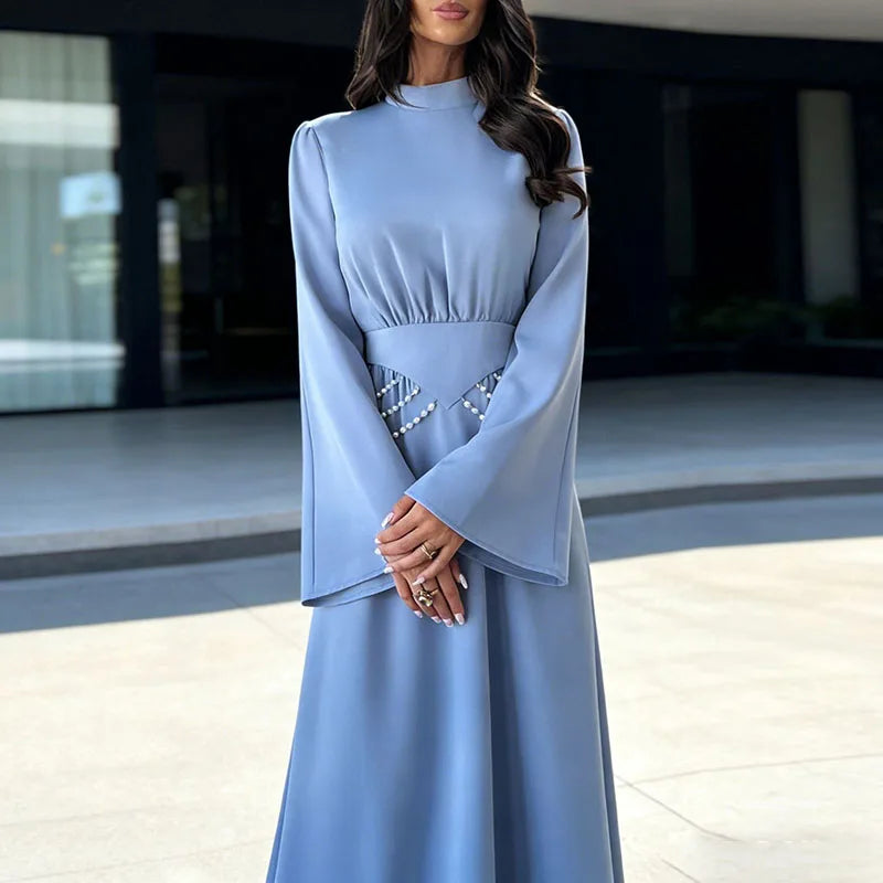 Women Fashion Hight Waist Solid Evening Dress Casual Long Sleeve Slim Party Dresses New Stand Collar Beading Chain Banquet Dress