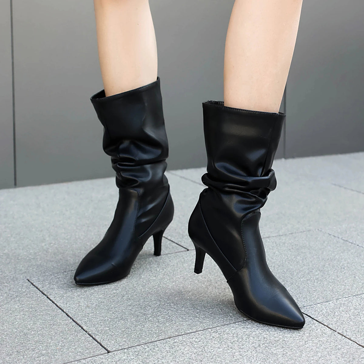 Metallic Pleated Pointed Toe Mid-Calf Stiletto Boots for Women
