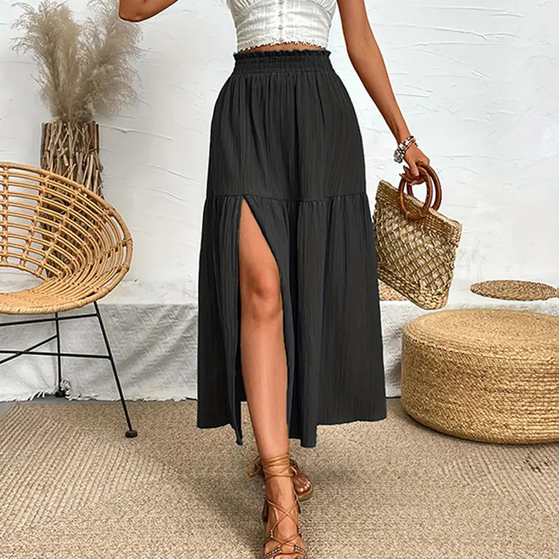 New Women Skirt Fashion Bohemian Midi Skirt High Waist Solid A Line Ruffle Skirt Casual Side Slit Beach Skirts 3 Colors Skort
