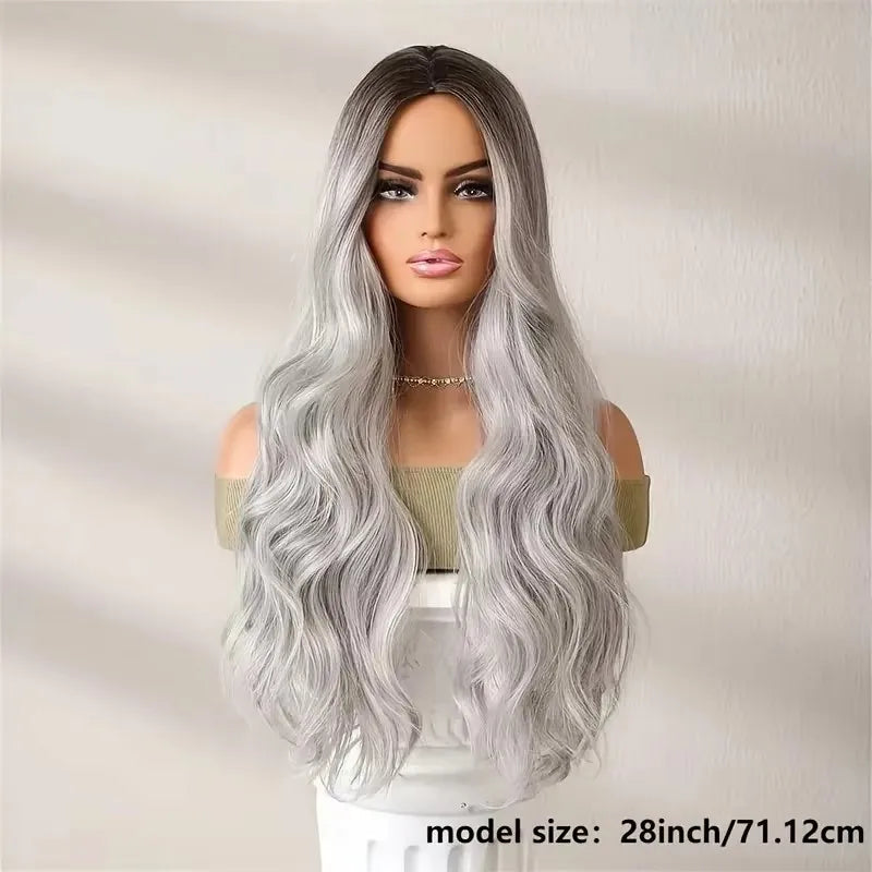 Gradient Black To Gray Long Body Wave Synthetic Wig For Women