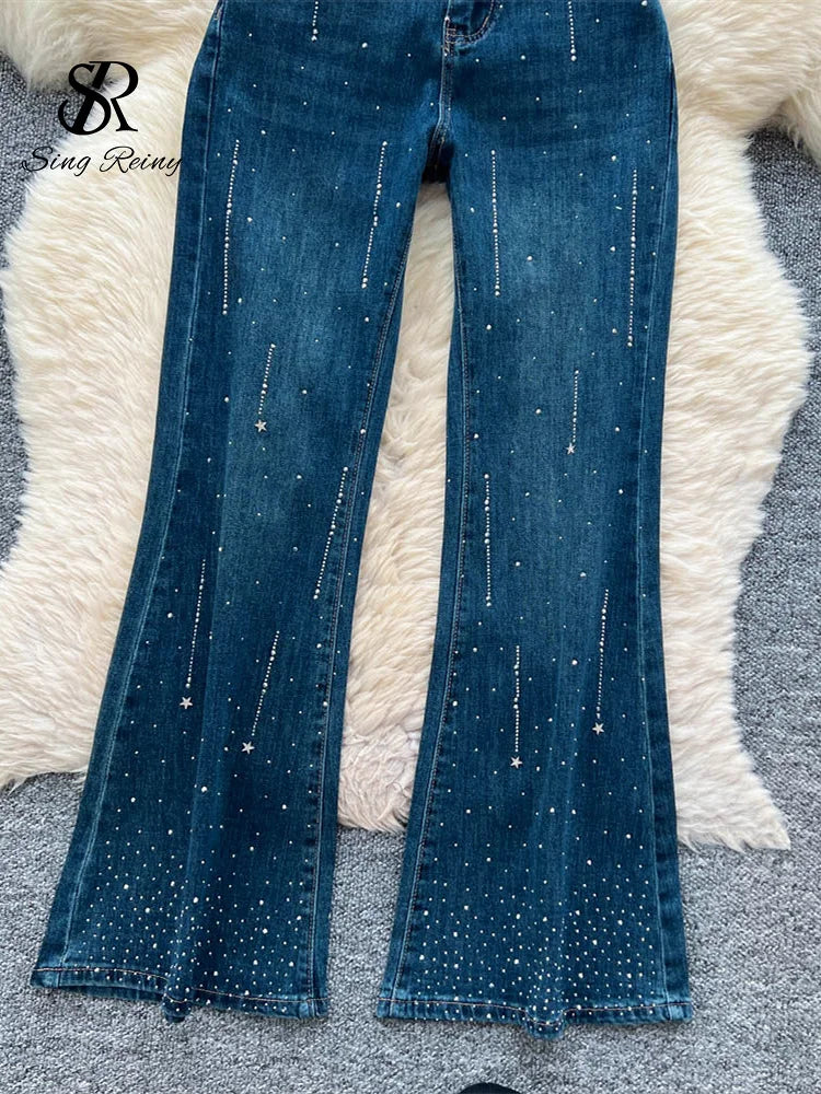 High-Waisted Rhinestone Embellished Flare Jeans for Women