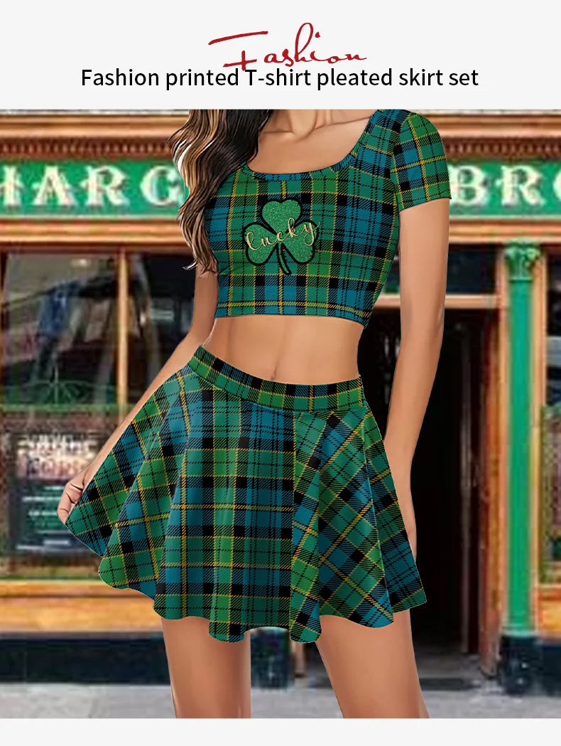 Festive Irish Green Shamrock Plaid Knit Skirt Set for Women