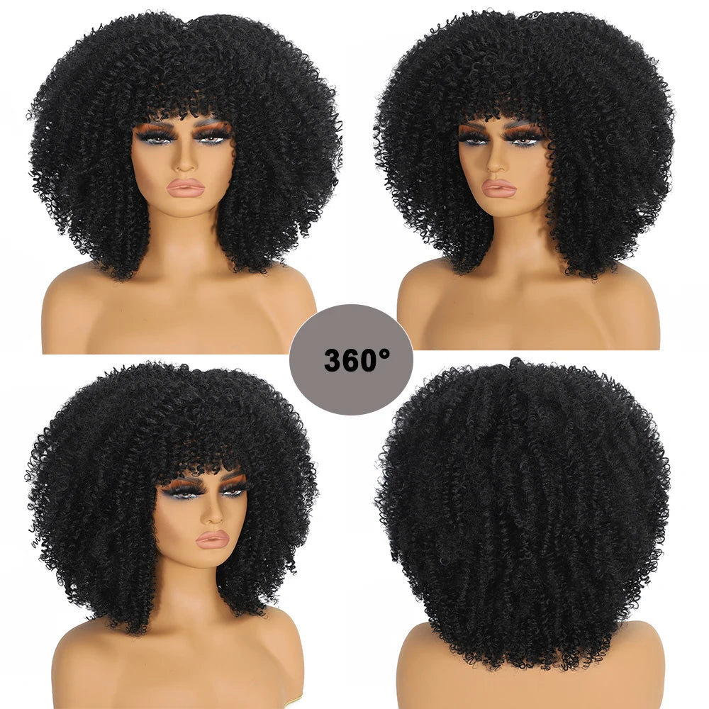 Soft Short Fluffy Afro Curly Wig With Bangs For Women
