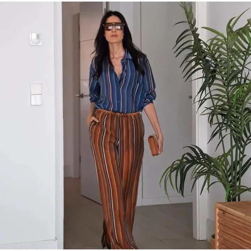 Geometric Printed Wide Leg Loose Pants Set for Women