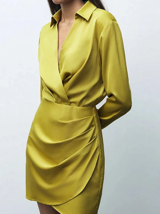 Casual Office Wrap Hip Short Dresses Autumn New Satin Solid Color A-line Dress 2025 Fashion V-neck High Waist Pleated Mini Dress