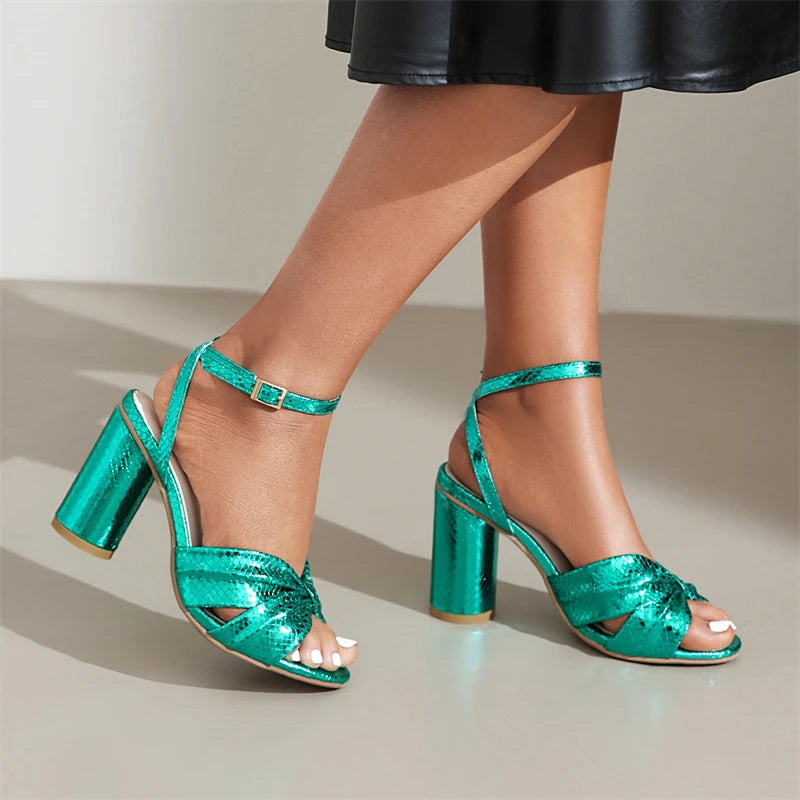 Metallic Block Heel Ankle Strap Sandals