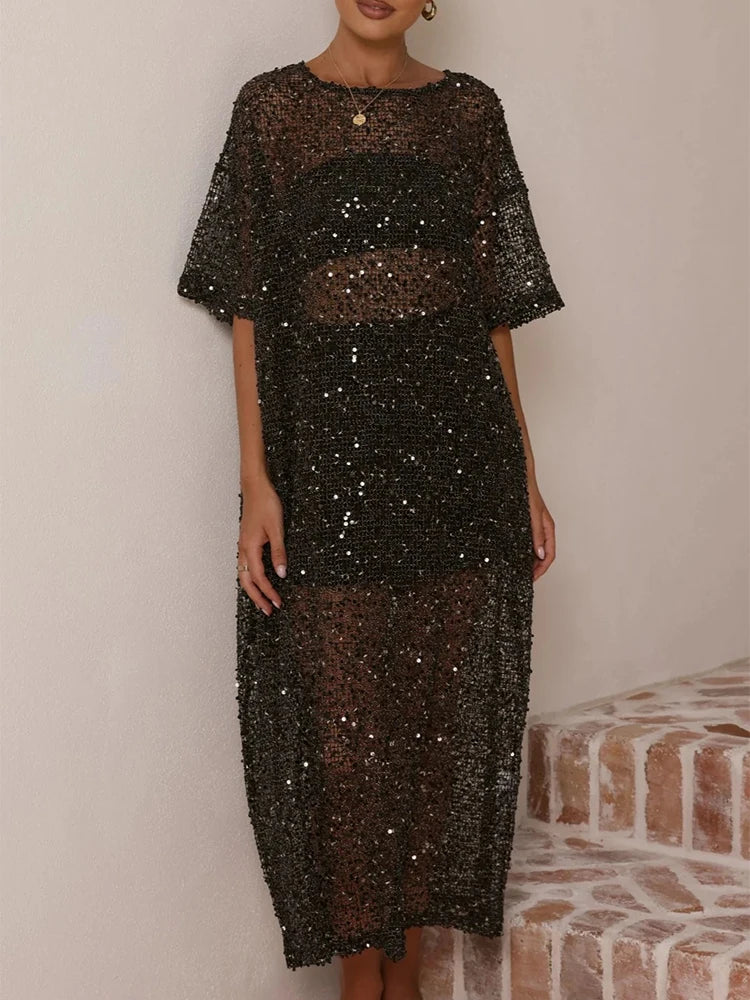 Casual Loose Hollowed Out Sequin Maxi Dress for Women