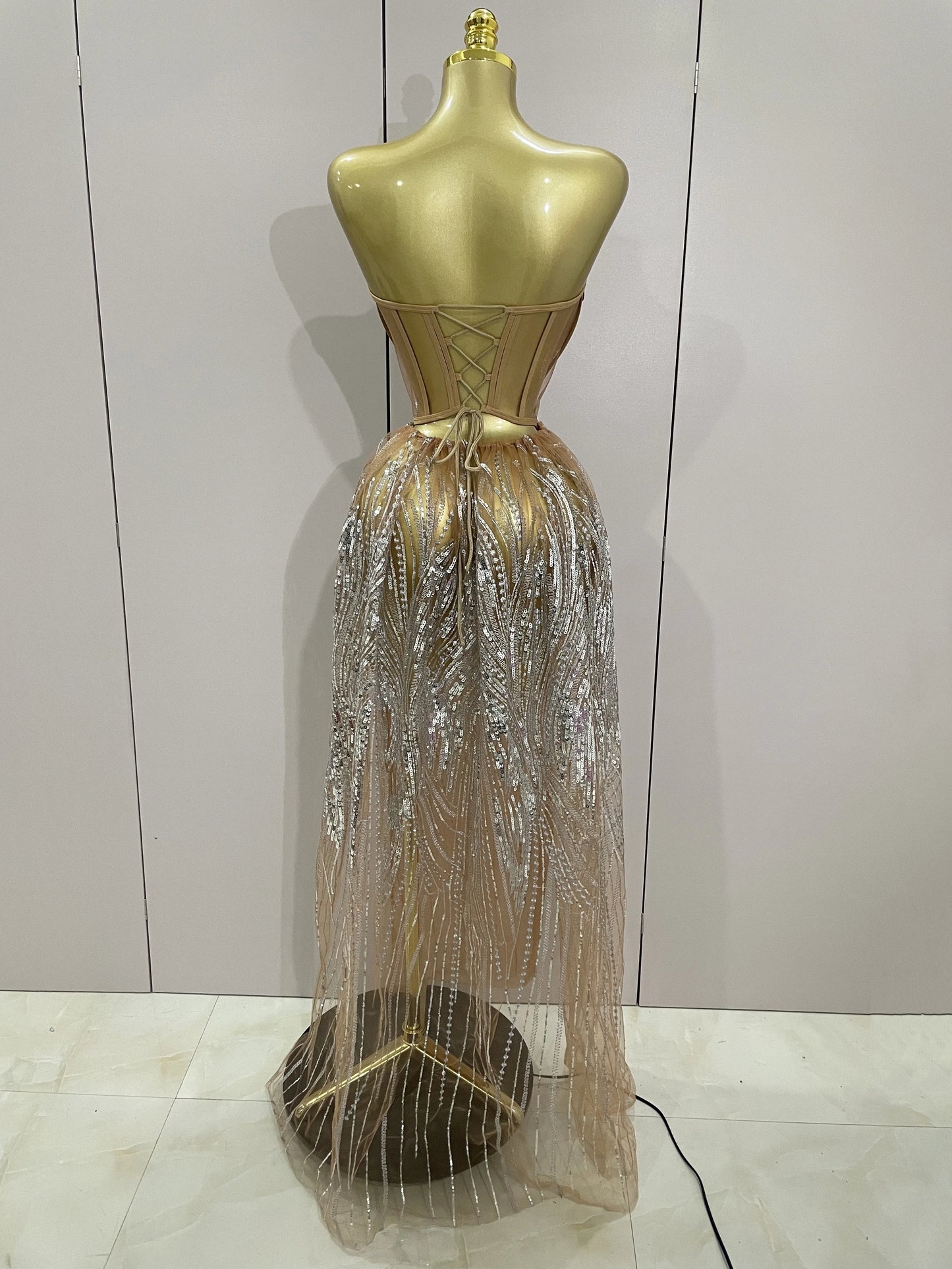 Elegant Sparkly Diamond Sequins Sexy Strapless See-Through Long Dress Women Evening Birthday Party Dress Nightclub Stage Costume