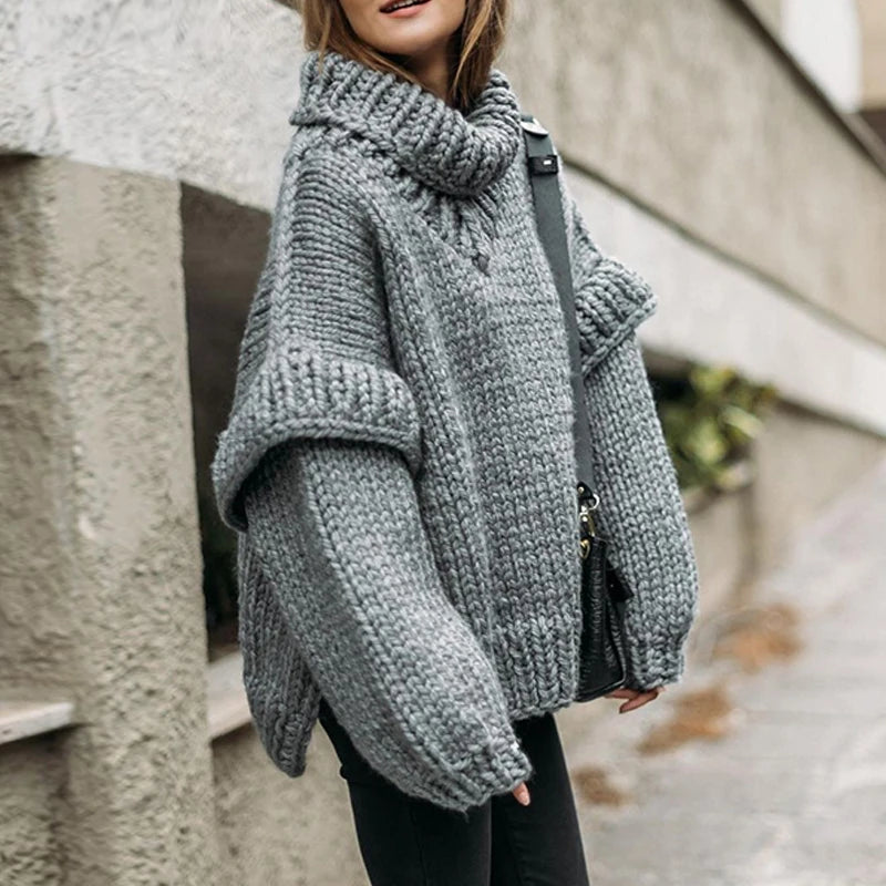 Women Casual Warm Winter Thick Sweater Fall Elegant Turtleneck Solid Knitted Jumper Femme Fashion Long Sleeve Loose Pullover Top