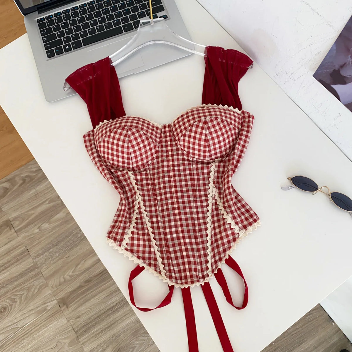 Retro Gingham Lace Up Bustier Corset Top for Women