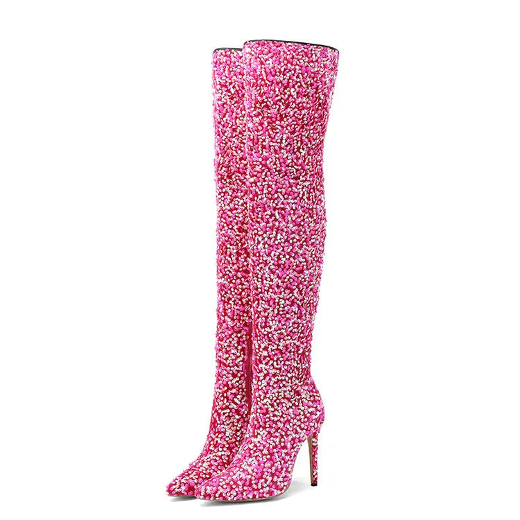 Sequin Pointed Toe Over The Knee Stiletto Boots For Women With Rear Zipper