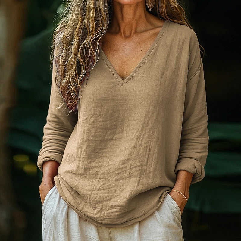 Women's Casual V Neck Pullover Blouse Long Sleeve Patchwork Chic Top Spring Autumn Solid Loose Simple Ladies Shirts Fashion 2025