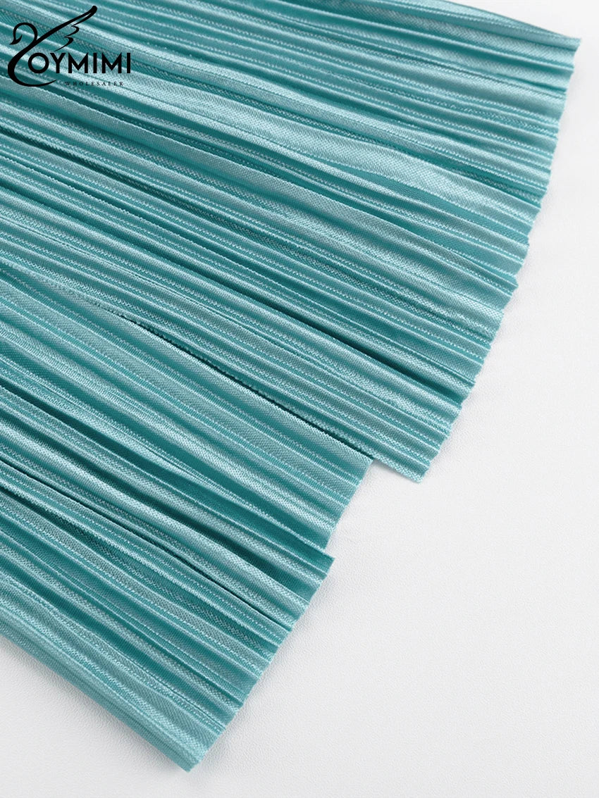 Oymimi Sexy Black Pleated 2 Piece Sets Women Outfit Fashion Loose Slit Long Sleeve Lace-Up Top With High Waist Pants Set Female