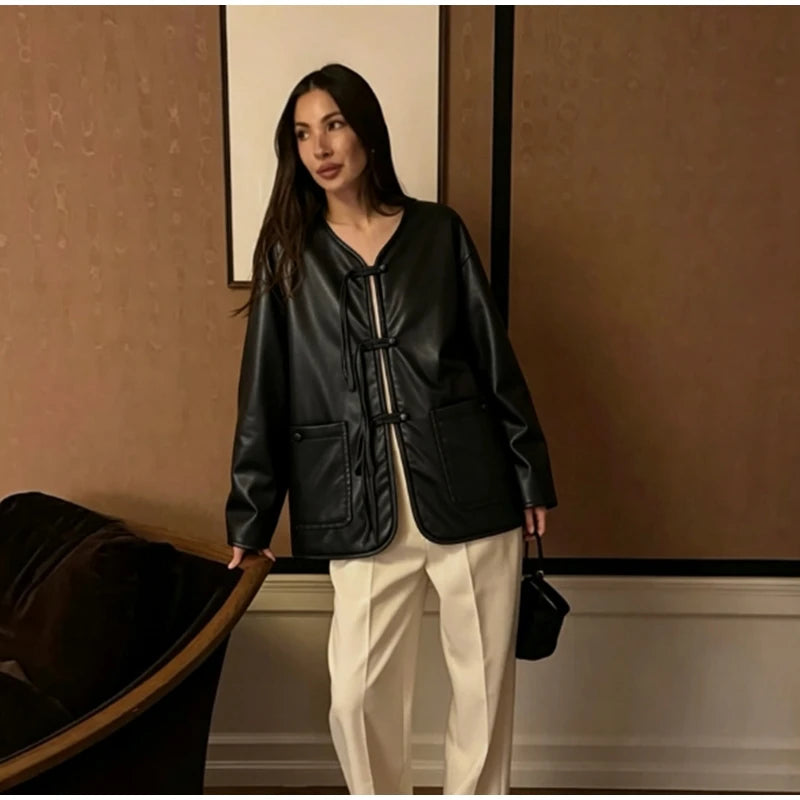 Autumn Winter Pu Leather Moto Jacket With Long Sleeve for Women