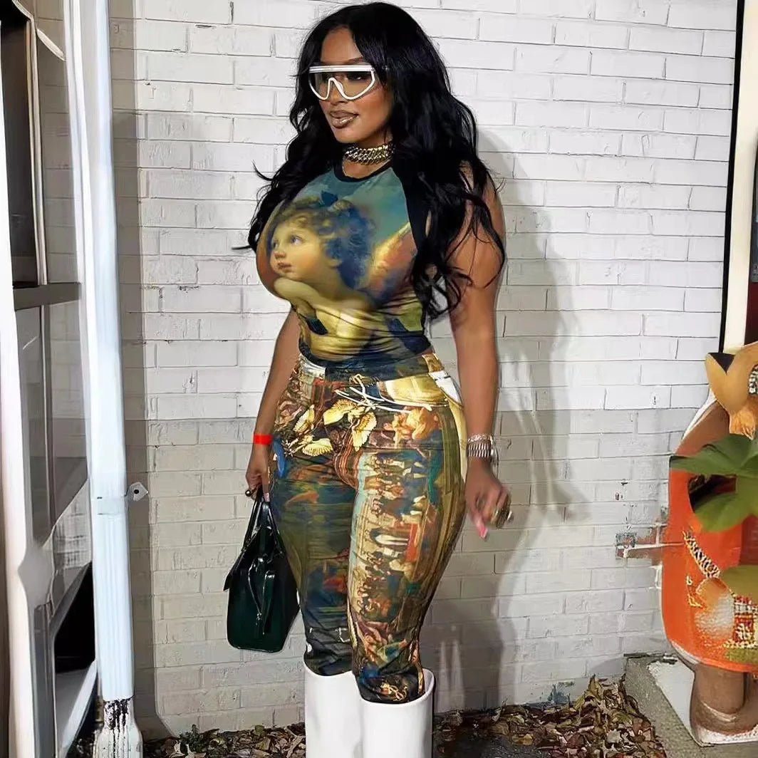 FAGADOER Fashion Print 2 Piece Sets Woman Outfit Oil Painting Sleeveless Crop Top And Pants Female Streetwear Summer Spring New