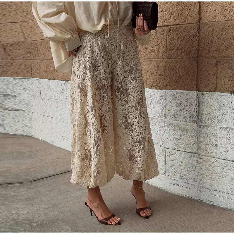 Bohemian Lace Trim Elastic Waist Lounge Pants for Women