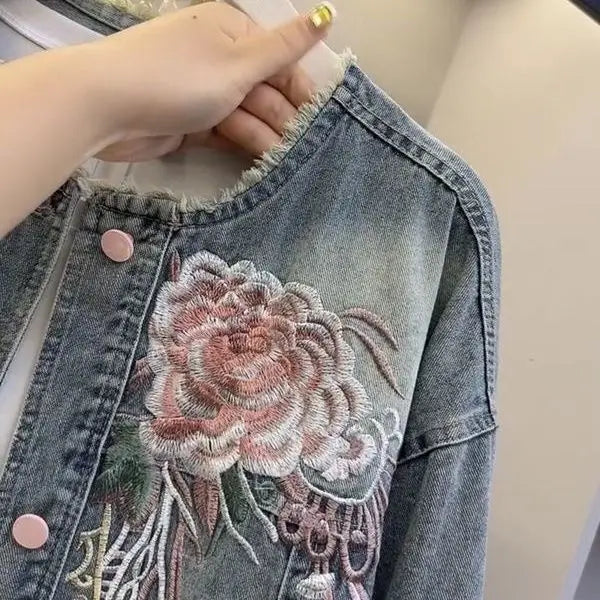 Lightweight Loose Embroidered Denim Jacket for Women