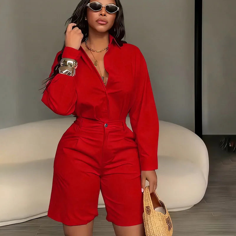 Solid Elegant Casual Long Sleeve Top and Shorts Two Piece Set for Women