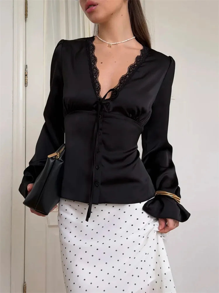 Lace-Up Satin Patchwork V-Neck Vest Top for Women**