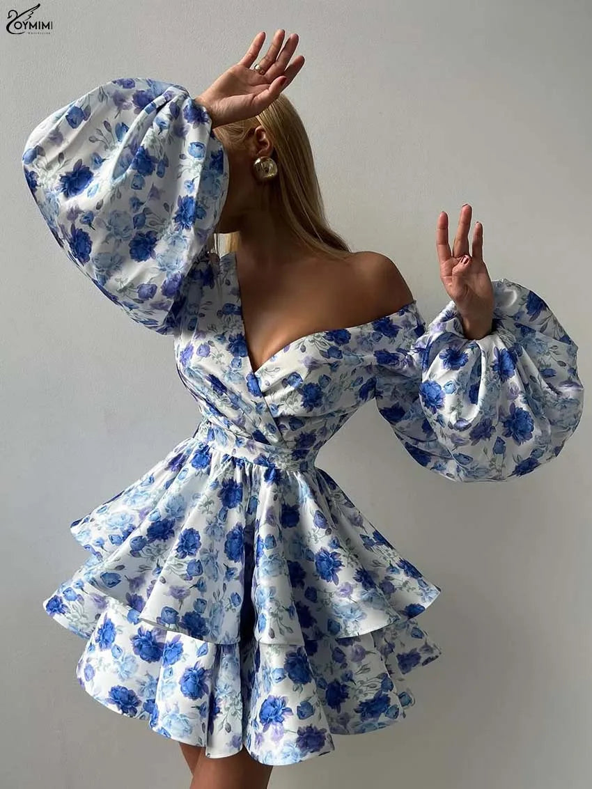 Oymimi Fashion Blue Print Womens Dresses Elegant V-Neck Long Sleeve Zipper Dresses Casual High Waist Pleated Mini Dress Female