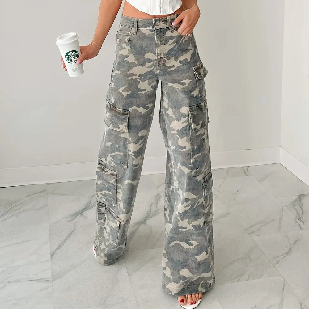 High Waist Camouflage Wide Leg Cargo Pants for Women