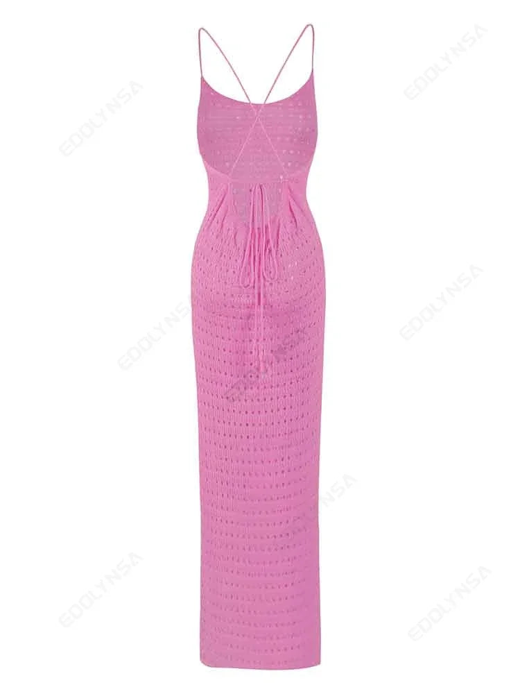 Sexy Knit Cut Out Tassel Spaghetti Strap Bodycon Beach Maxi Dress Summer Women's Holiday Club Party Outfit Swimsuit Cover Up K10